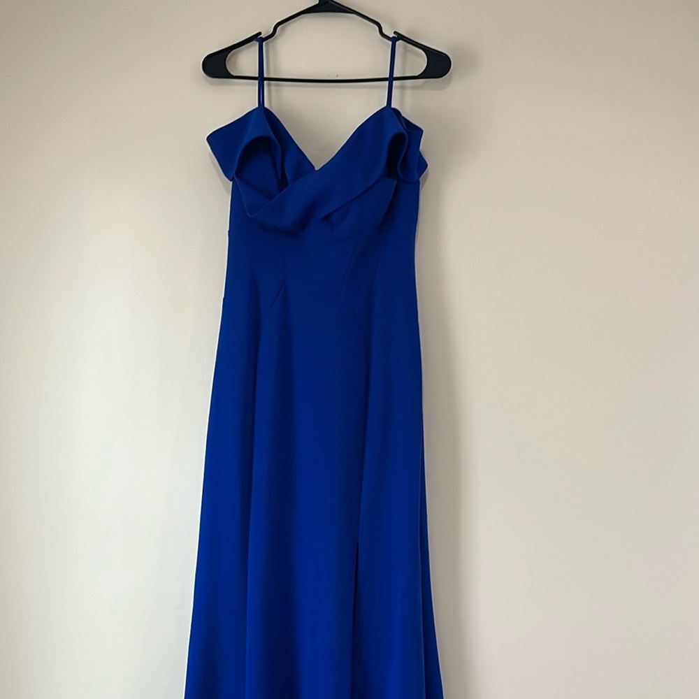 Drop Shoulder Royal Blue Floor Length Gown